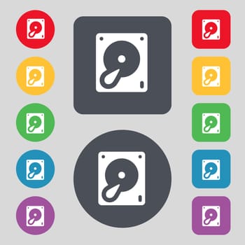 Hard disk and database icon sign. A set of 12 colored buttons. Flat design. illustration