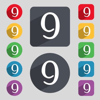 number Nine icon sign. Set of coloured buttons. illustration