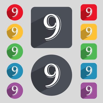 number Nine icon sign. Set of coloured buttons. illustration