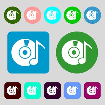 CD or DVD icon sign.12 colored buttons. Flat design. illustration