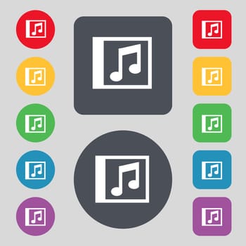Audio, MP3 file icon sign. A set of 12 colored buttons. Flat design. illustration