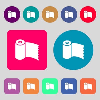 Toilet paper, WC roll icon sign.12 colored buttons. Flat design. illustration