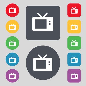 Retro TV mode icon sign. A set of 12 colored buttons. Flat design. illustration