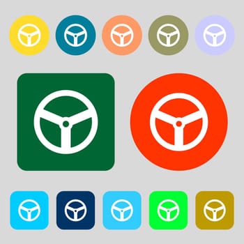 Steering wheel icon sign.12 colored buttons. Flat design. illustration