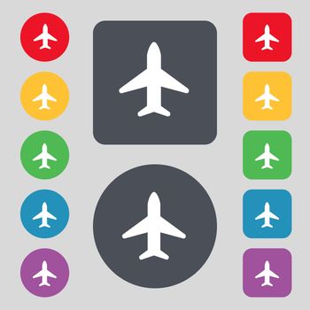 Airplane, Plane, Travel, Flight icon sign. A set of 12 colored buttons. Flat design. illustration