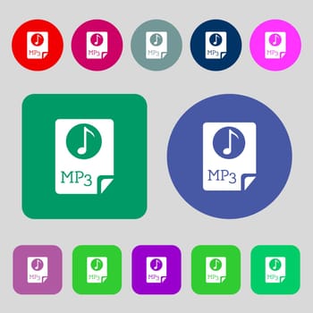 Audio, MP3 file icon sign.12 colored buttons. Flat design. illustration