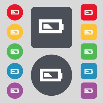 Battery half level icon sign. A set of 12 colored buttons. Flat design. illustration
