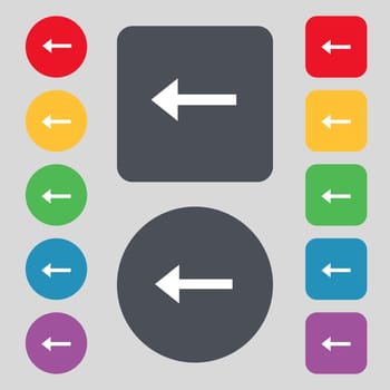 Arrow left, Way out icon sign. A set of 12 colored buttons. Flat design. illustration