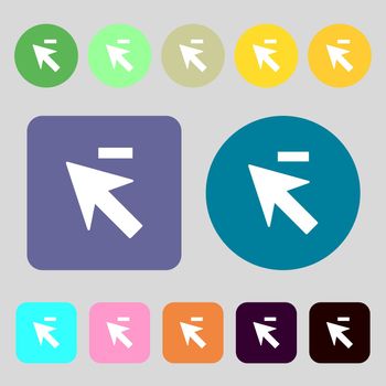 Cursor, arrow minus icon sign.12 colored buttons. Flat design. illustration