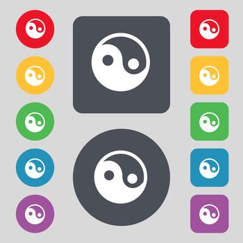 Ying yang icon sign. A set of 12 colored buttons. Flat design. illustration