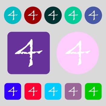 number four icon sign.12 colored buttons. Flat design. illustration