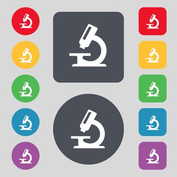 microscope icon sign. A set of 12 colored buttons. Flat design. illustration