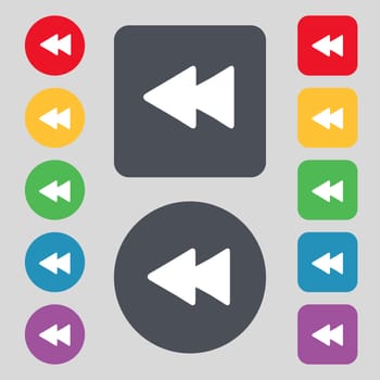 rewind icon sign. A set of 12 colored buttons. Flat design. illustration