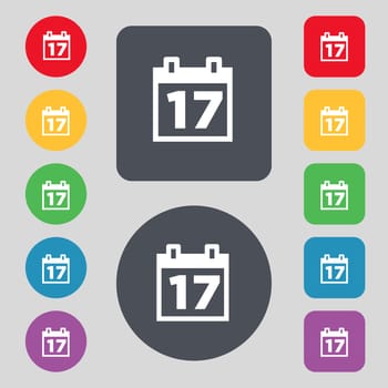 Calendar, Date or event reminder icon sign. A set of 12 colored buttons. Flat design. illustration