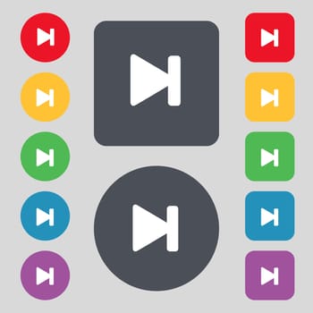 next track icon sign. A set of 12 colored buttons. Flat design. illustration