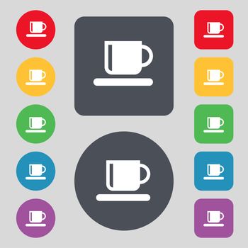 Coffee cup icon sign. A set of 12 colored buttons. Flat design. illustration