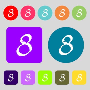 number Eight icon sign.12 colored buttons. Flat design. illustration