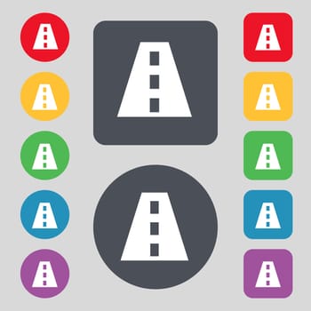 Road icon sign. A set of 12 colored buttons. Flat design. illustration