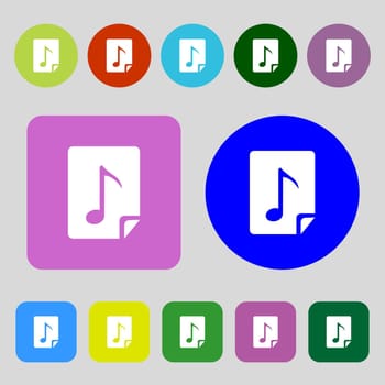 Audio, MP3 file icon sign.12 colored buttons. Flat design. illustration