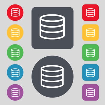 Hard disk and database icon sign. A set of 12 colored buttons. Flat design. illustration