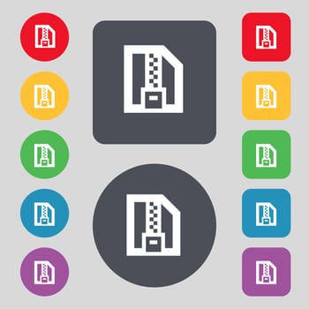 Archive file, Download compressed, ZIP zipped icon sign. A set of 12 colored buttons. Flat design. illustration