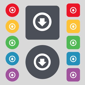 Arrow down, Download, Load, Backup icon sign. A set of 12 colored buttons. Flat design. illustration