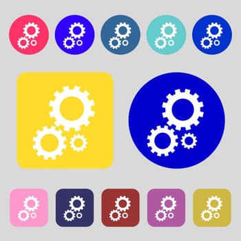 Cog settings sign icon. Cogwheel gear mechanism symbol.12 colored buttons. Flat design. illustration