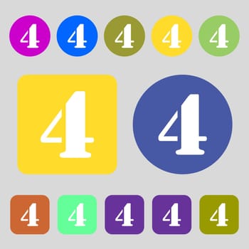 number four icon sign.12 colored buttons. Flat design. illustration