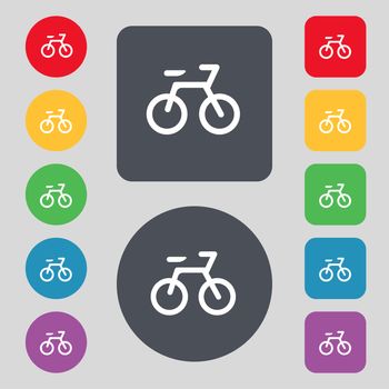 Bicycle icon sign. A set of 12 colored buttons. Flat design. illustration