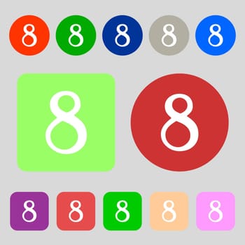 number Eight icon sign.12 colored buttons. Flat design. illustration