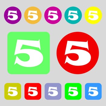 number five icon sign.12 colored buttons. Flat design. illustration