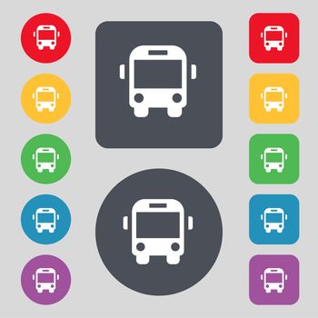 Bus icon sign. A set of 12 colored buttons. Flat design. illustration