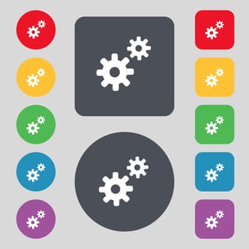 Cog settings, Cogwheel gear mechanism icon sign. A set of 12 colored buttons. Flat design. illustration