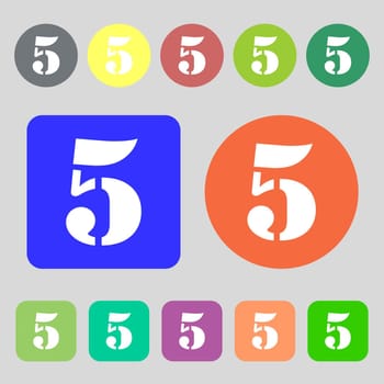 number five icon sign.12 colored buttons. Flat design. illustration