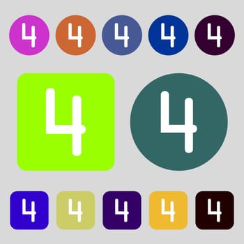 number four icon sign.12 colored buttons. Flat design. illustration