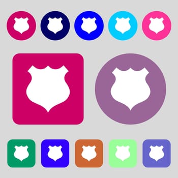 shield icon sign.12 colored buttons. Flat design. illustration