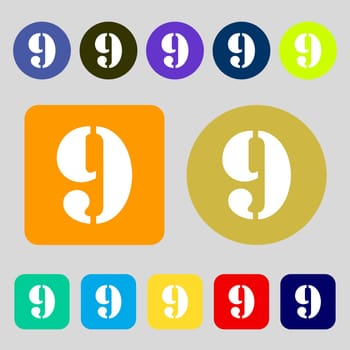 number Nine icon sign.12 colored buttons. Flat design. illustration