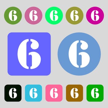 number six icon sign.12 colored buttons. Flat design. illustration