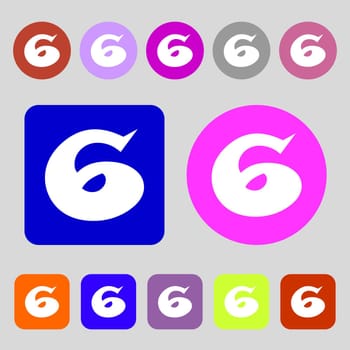 number six icon sign.12 colored buttons. Flat design. illustration