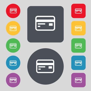 Credit, debit card icon sign. A set of 12 colored buttons. Flat design. illustration