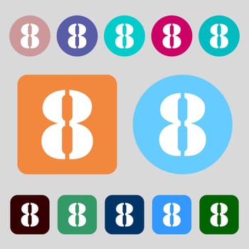 number Eight icon sign.12 colored buttons. Flat design. illustration