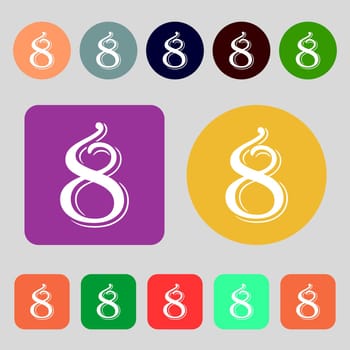 number Eight icon sign.12 colored buttons. Flat design. illustration