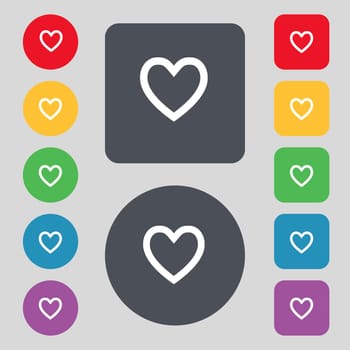 Medical heart, Love icon sign. A set of 12 colored buttons. Flat design. illustration