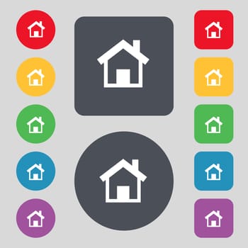 Home, Main page icon sign. A set of 12 colored buttons. Flat design. illustration