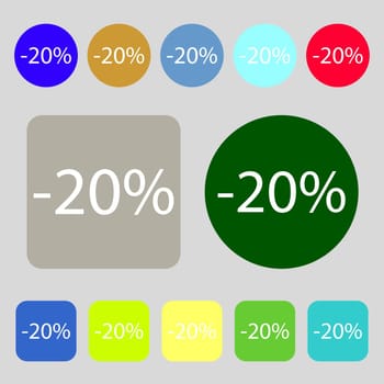 20 percent discount sign icon. Sale symbol. Special offer label.12 colored buttons. Flat design. illustration