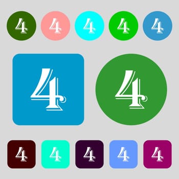 number four icon sign.12 colored buttons. Flat design. illustration