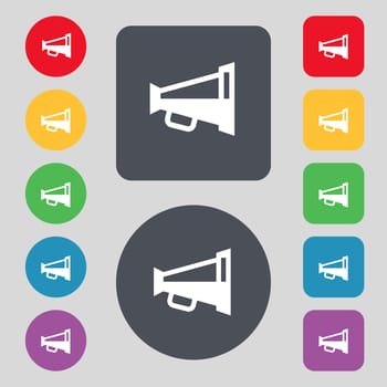 Megaphone soon, Loudspeaker icon sign. A set of 12 colored buttons. Flat design. illustration