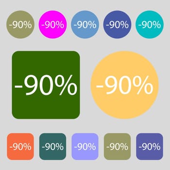 90 percent discount sign icon. Sale symbol. Special offer label.12 colored buttons. Flat design. illustration