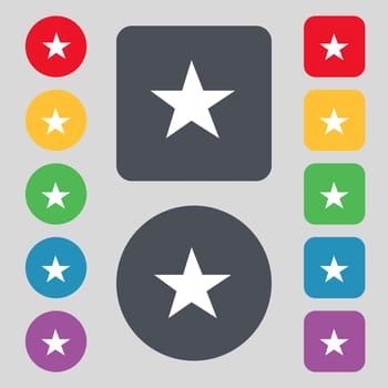 Star, Favorite Star, Favorite icon sign. A set of 12 colored buttons. Flat design. illustration