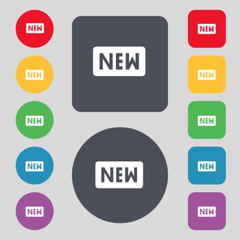 New icon sign. A set of 12 colored buttons. Flat design. illustration